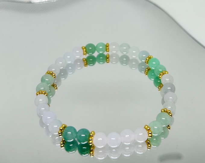 Jadeite Jade Bracelet Jewelry Gift for Her 100% Genuine Type A Emerald Jade Icy Green and Icy White Burmese, 5.5mm, Handmade in CANADA Gift