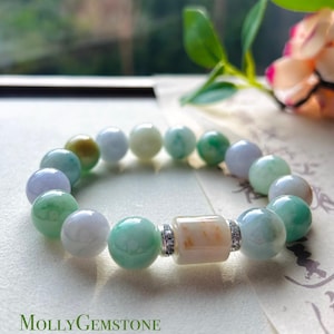 Jadeite Jade Beaded Bracelet Jewelry Gift for Her  Natural Burmese Type A Icy Gelatinous RARE Multicolored Rainbow Floral 12mm BIG Beads