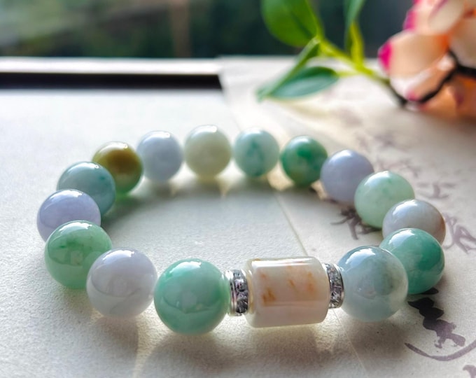 Jadeite Jade Beaded Bracelet Jewelry Gift for Her  Natural Burmese Type A Icy Gelatinous RARE Multicolored Rainbow Floral 12mm BIG Beads