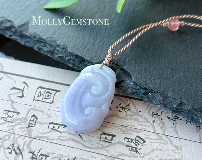 Certified Natural Jadeite RuYi Pendant Minimalist Jewelry Burmese Type A Icy Glutinous Lavender Purple Jade, Handwoven Adjustable Cord