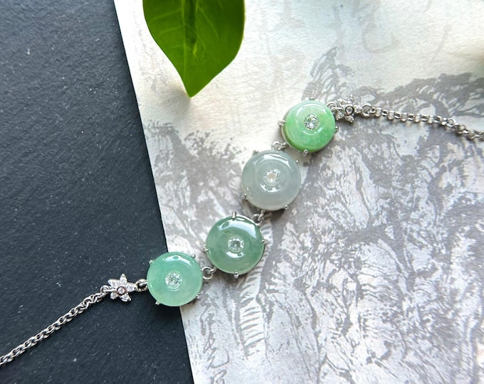 Natural Jadeite Lucky Donut Sterling Silver Bracelet Burmese Type A Highly Translucent Icy Green Jade