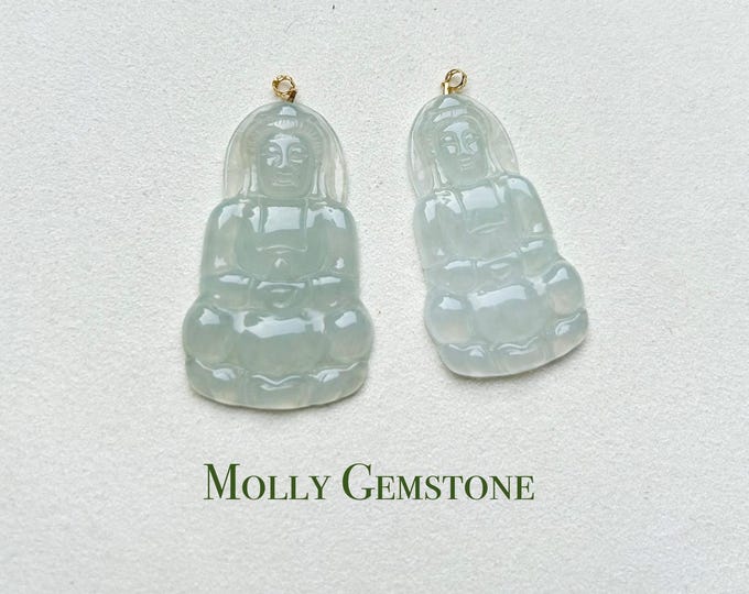 Jadeite Jade Pendant Gift Natural Burmese Untreated Type A Highly Translucent Icy White Jade Guan-Shi-Yin(KuanYin 观音) 18k Solid Gold Bail