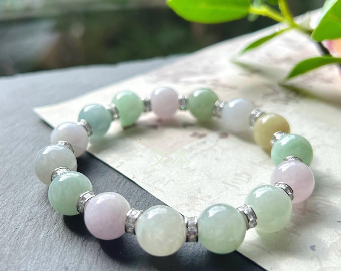 Burmese Jadeite Beaded Bracelet: Natural Type A Highly Translucent Icy Multicolor Myanmar Jade Untreated