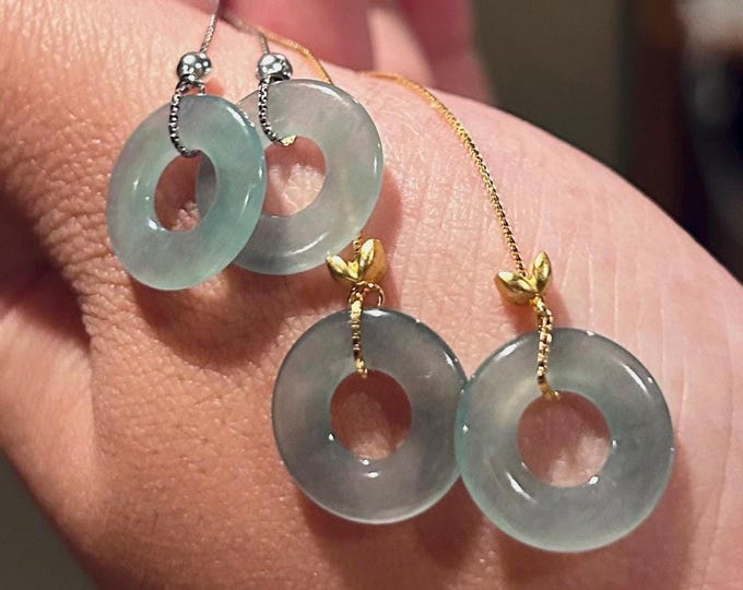 Jadeite Dangling Earrings Threader Earrings Gift Authentic Type A Guatemala Lucky Donut Adjustable Length 925 Silver Handmade in Canada