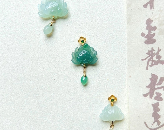 Jadeite Jade Lotus Flower Pendant Necklace Jewelry Gift for Her Burmese Natural Type A Icy Highly Translucent Jadeite 18k Solid Gold Bail