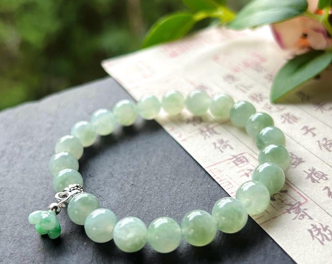 Natural Jadeite Beaded Bracelet Jewelry - Burmese Type A Highly Translucent Icy Green Floral Myanmar Jade 7.8mm