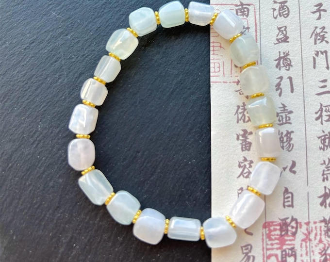 Jadeite Jade Beaded Bracelet Handmade Jewelry Gift for Her Natural Burmese Type A Icy High Translucency Icy White Ice Cube Jade 8mm
