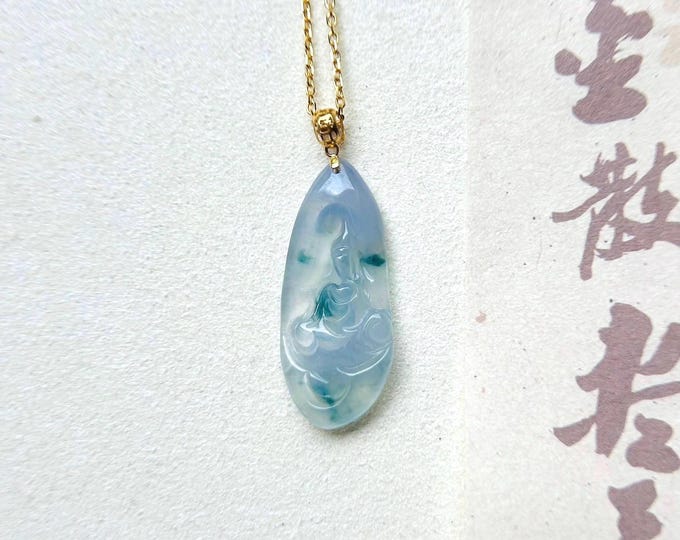 Jadeite Jade Pendant Jewelry Gift for Her Burma Natural Type A Highly Translucent Icy Lavender Purple Floral Jade Formless Guanyin 18k Gold