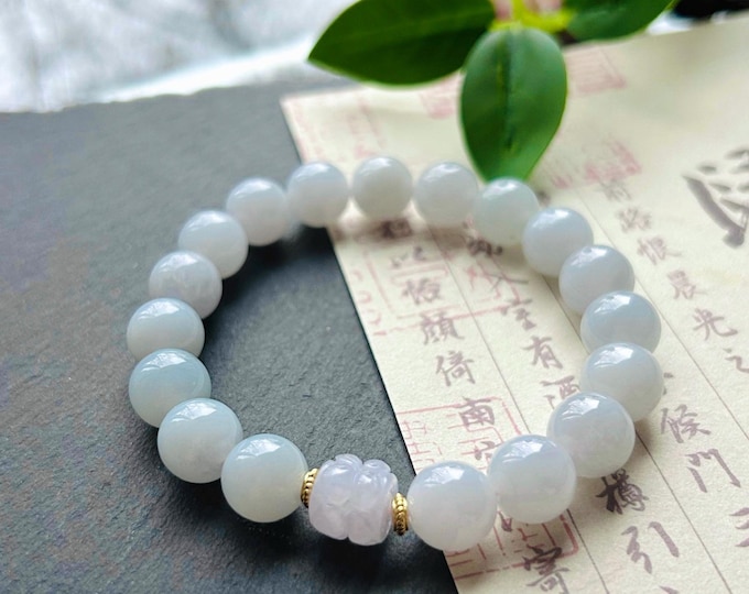 Jadeite Beaded Bracelet Handmade Jewelry Gift Natural Burmese Type A Icy Translucent Jadeite Pale Blue Lavender & Pink Jade 10mm
