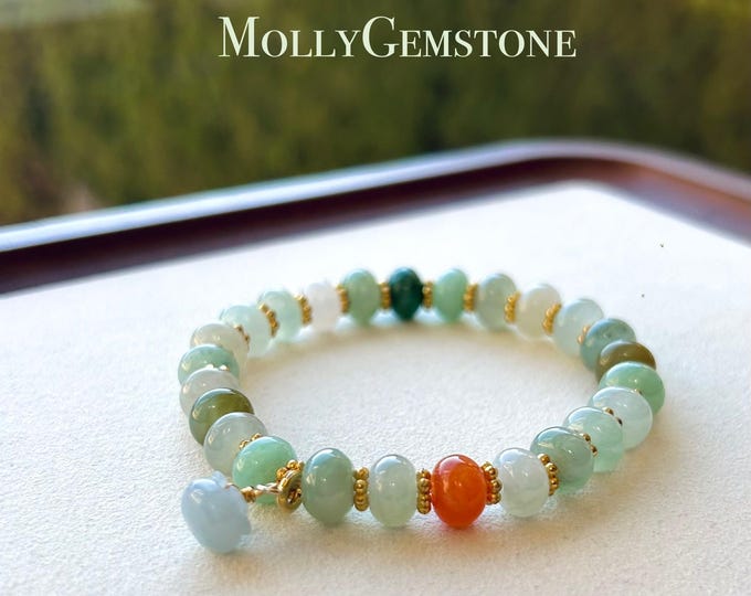 Jadeite Jade Beaded Bracelet Jewelry Natural Burmese Type A Icy Highly Translucent Jadeite Multi-color Candy Color 8mm Drum Bead Jade Gift