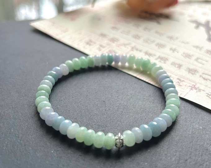 Natural Jadeite Beaded Bracelet Burmese Type A Icy Lavender Purple, Jeans Blue & Apple Green Jade 5.6mm