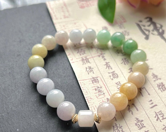 Natural Jadeite Beaded Bracelet Burmese Type A Highly Translucent Icy Rainbow Multicolor Jade 9.5mm