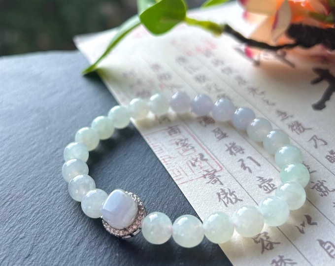 Burmese Jadeite Beaded Bracelet: Natural Type A Icy Translucent Light Green Purple 7mm Myanmar Jade Untreated