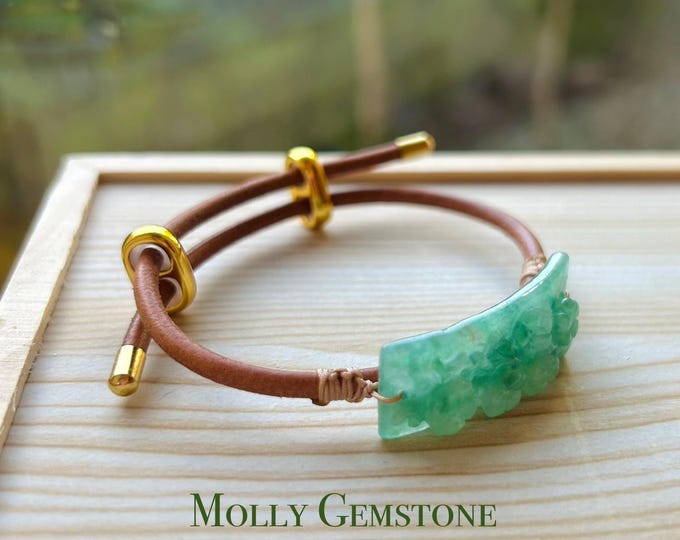 Jadeite Jade & Leather Bracelet Jewelry Authentic Untreated Icy Translucent Type A Burmese Icy Green Hand-carved Jadeite Cowhide Leather
