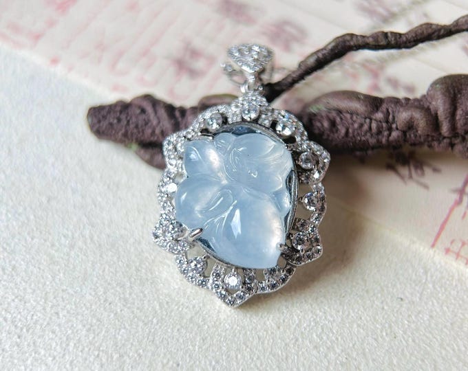 Jadeite Jade Angel Pendant Necklace Jewelry Gift for Her Natural Burmese Type A Superior High Translucency Icy White Jade Sterling Silver