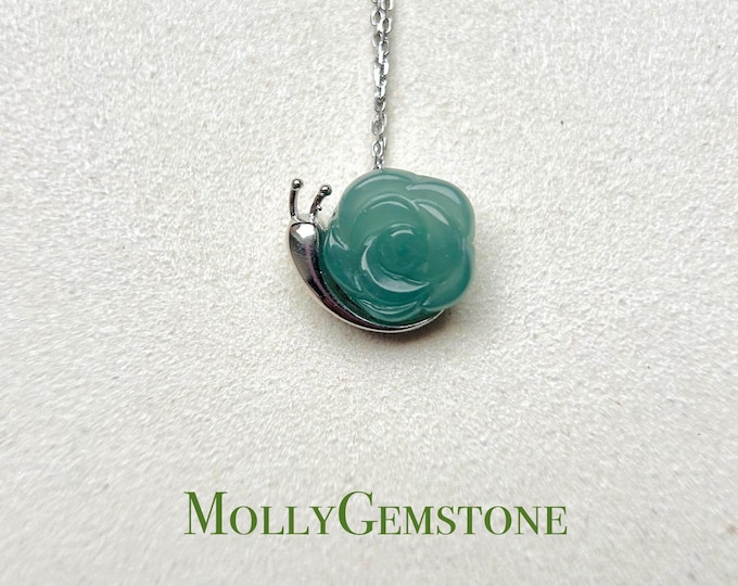 Jadeite Jade Cute Snail Flower Pendant Sterling Silver Necklace Gift for Her Natural Guatemalan Type A Icy Highly Translucent Blue Jadeite