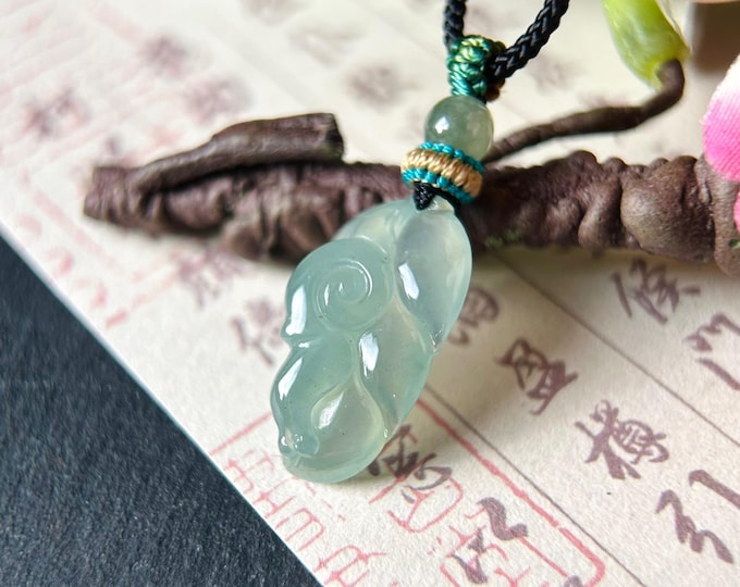 Natural Jadeite Leaf & Snail Pendant Handwoven Necklace, Burmese Type A Icy Blue Hand-carved Myanmar Jade