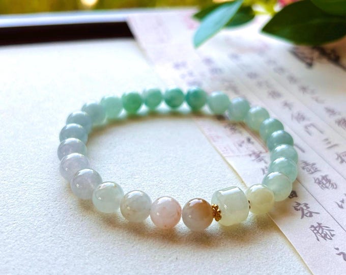 Jadeite Jade Beaded Bracelet Handmade Jewelry Gift for Her Natural Burmese Type A Icy Highly Translucent MultiColor Rainbow Jade 7.5mm