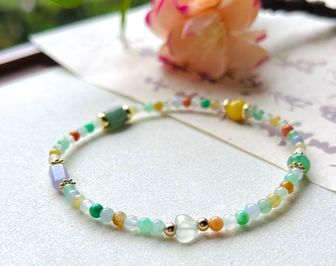 Jadeite Jade Beaded Minimalist Bracelet Jewelry Gift for Her Natural Burmese Type A Highly Translucent Icy Multicolor Jade 3mm & Silver