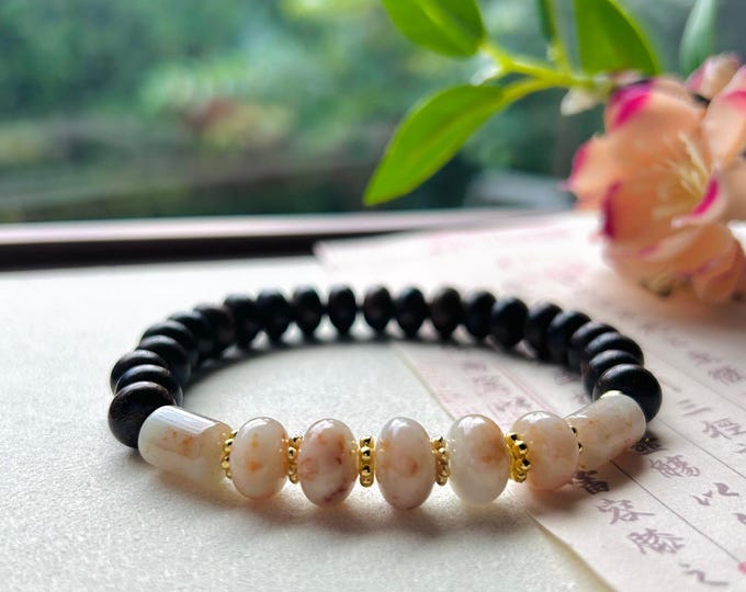 Jadeite Jade & Wood Beaded Bracelet Jewelry Gift for Her Natural Burmese Untreated Icy Translucent Type A RARE Red Floral Jade 10.5mm FeiCui