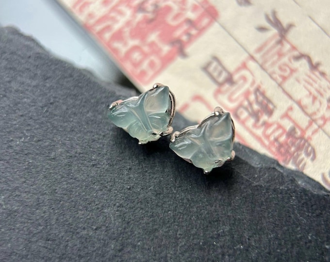 Natural Jadeite Butterfly Stud Earrings Untreated Burmese Type A Highly Translucent Icy Dusty Blue Jade & Sterling Silver