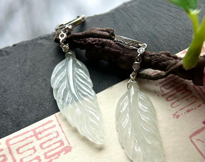 Natural Jadeite Hand-carved Feather Earrings: Burmese Type A Highly Translucent Icy White Jade with Sterling Silver
