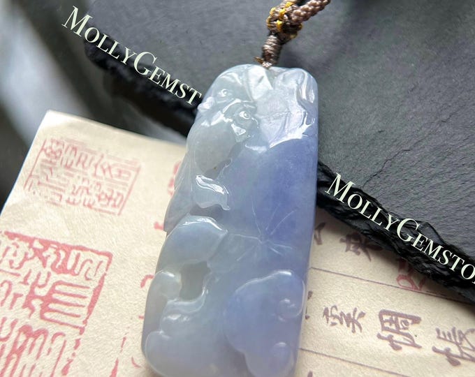 Natural Burmese Icy Lavender Purple Jadeite Goldfish & Lotus Pendant – Type A Untreated Jade – Hand Carved Lucky Fish Necklace