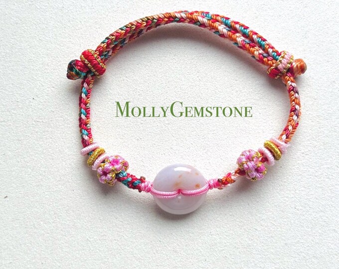 Jadeite Lucky Donut Bracelet Jewelry Gift for Her Natural Burmese Type A Jadeite Icy Red Floral Jade Handwoven Braided Bracelet Peace Button