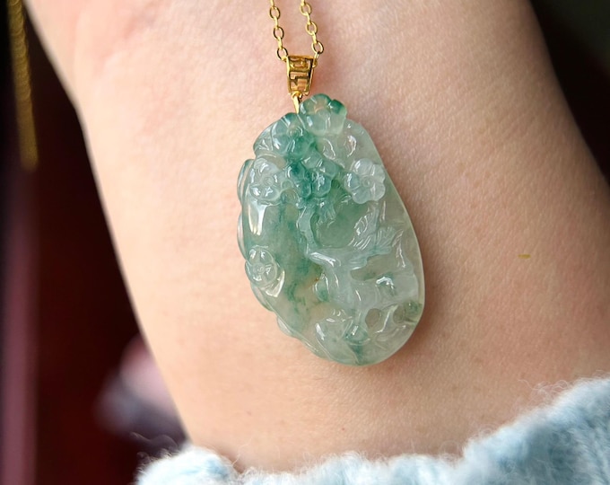 Hand-Carved Natural Jadeite Deer & Flower Pendant – Type A Burmese Icy Green Jade with 18k Gold Bail