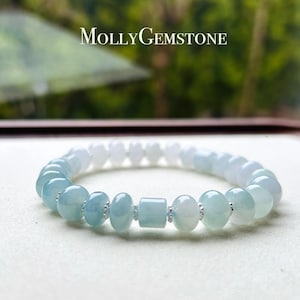 Pulseira de contas de jade jadeíte, joia, presente para ela, birmanês, natural, alta translucidez, tipo A, azul gelo, gradiente, cor 8,5 mm, feito à mão no Canadá
