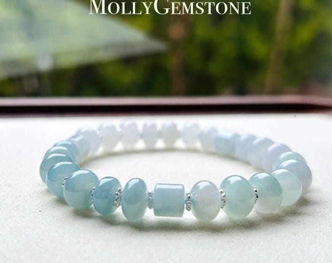 Jadeite Jade Beaded Bracelet Jewelry Gift for Her Burmese Natural High Translucency Type A Icy Blue Gradient Color 8.5mm Handmade in Canada