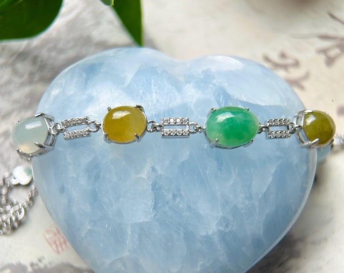 Natural Jadeite & Sterling Silver Bracelet Jewelry Burmese Type A Icy Highly Translucent Multicolor Jade