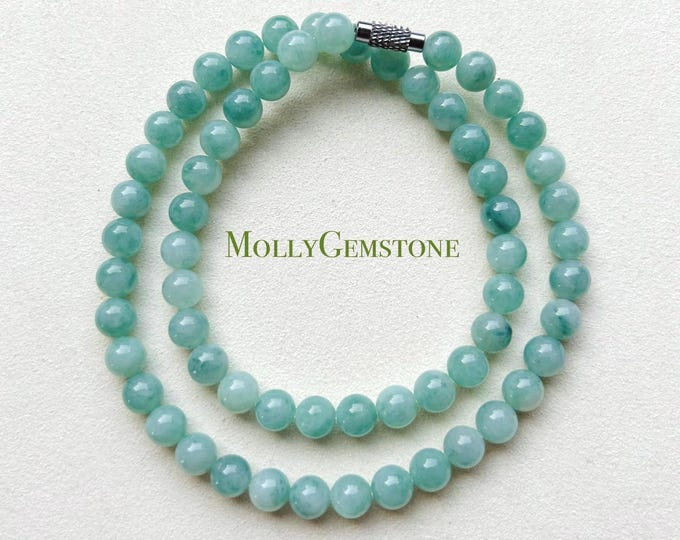 Jadeite Jade Beaded Necklace Stacked Bracelet Jewelry Gift for Her Untreated Burmese Natural Type A Translucent Icy Blue Floral Feicui 6.8mm