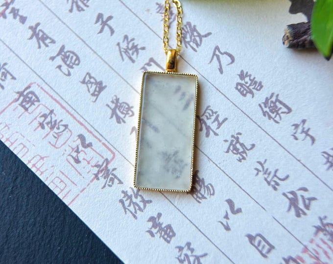 Natural Jadeite & 18k Solid Gold Pendant Burmese Type A RARE Superior Translucency Icy Snowflake White Jade Peaceful Plaque Certified