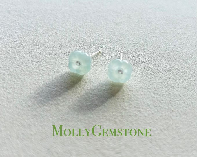 Jadeite Jade Stud Earrings Authentic Type A Burmese Translucent Icy Floral Earrings Lunar New Year Gift Sterling Silver Handmade Jewelry