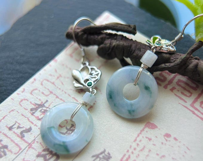Natural Jadeite Lucky Donut Earrings: Burmese Type A Untreated Highly Translucent Icy Light Lavender Jade with Floral, Sterling Silver