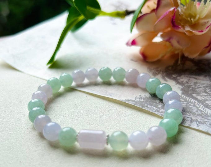 Jadeite Jade Beaded Bracelet Handmade Jewelry Gift for Her Natural Burmese Type A Icy Highly Translucent Apple Green & Pinkish Purple 7mm