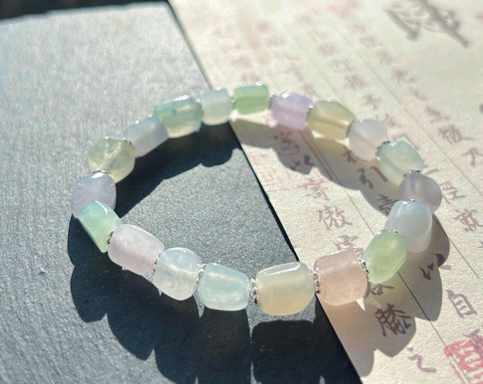 Jadeite Jade Beaded Bracelet Handmade Jewelry Gift for Her Natural Burmese Icy High Translucency Type A Multicolor Rainbow Ice Cube Jade 8mm