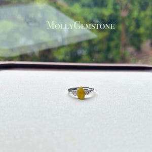 Anillo de jadeíta natural con plata esterlina, regalo de joyería para ella, anillo ajustable de jade birmano translúcido amarillo helado de grado A