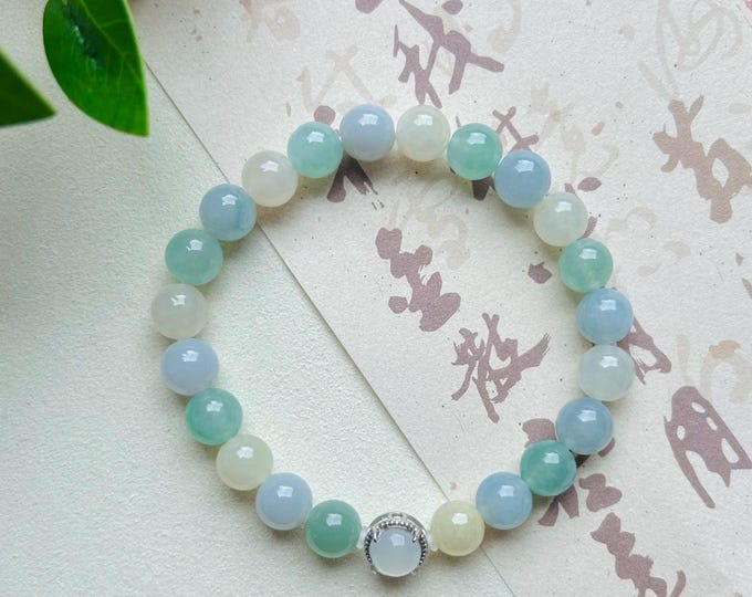 Jadeite Jade Beaded Bracelet Jewelry Mother Day Gift Natural Untreated Burmese Icy Highly Translucent Type A MultiColor Floral Jade 8mm