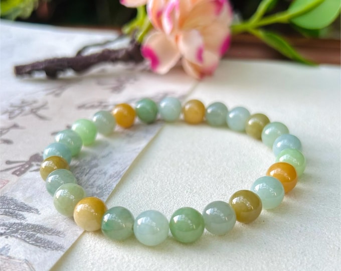 Jadeite Jade Beaded Bracelet Jewelry Gift for Her Natural Burmese Type A Icy Translucent MultiColor Rainbow Jade Feicui 7.8mm