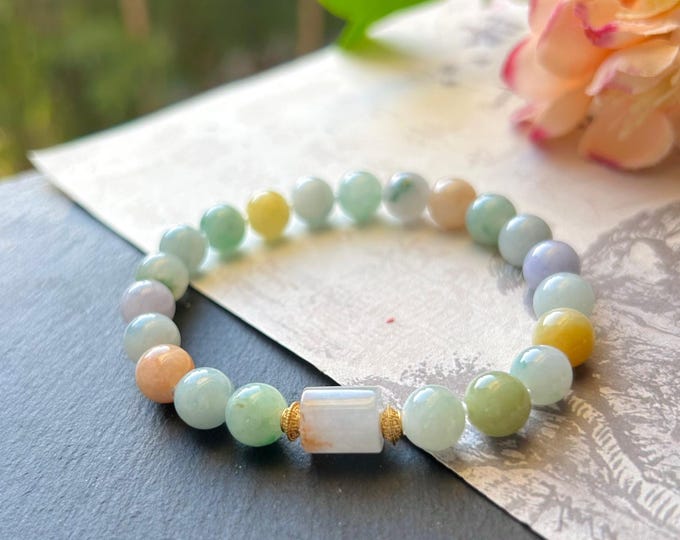 Natural Jadeite Beaded Bracelet Burmese Type A Icy Translucent RARE Multicolor Floral 8mm Jade Mid-Autumn Festival Gift