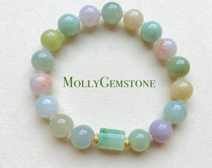 Jadeite Beaded Bracelet 10mm Big Beads Jewelry Authentic Burma Type A Icy Translucent Jadeite Rainbow Multicolor FeiCui Lunar New Year Gift