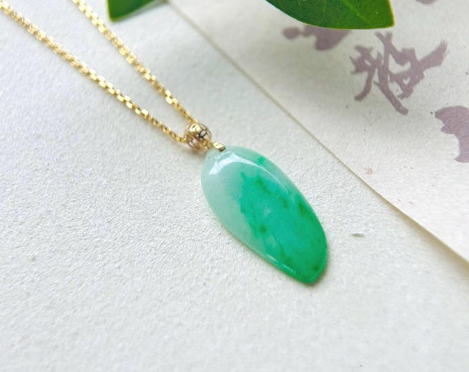 Jadeite Jade Melon Pendant Necklace Jewelry Gift for Her Burmese Natural Type A Icy Sweet Green Floral Moss in Snow Jadeite 18k Gold Bail