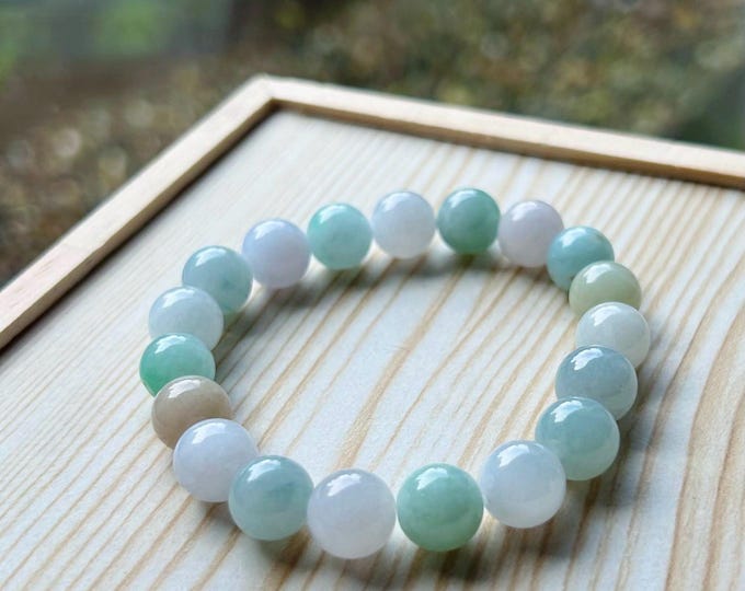 Jadeite Jade Beaded Bracelet Jewelry Authentic Untreated Burmese Type A Icy Translucent Jadeite MultiColor Fei-Cui 10mm Handmade X-mas Gift