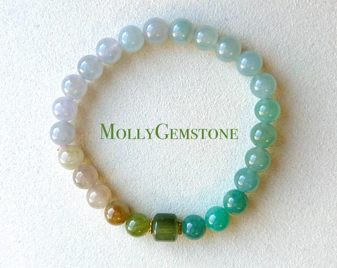 Jadeite Jade Beaded Bracelet Jewelry Natural Burmese Type A Icy Highly Translucent Jadeite MultiColor Rainbow Feicui 7mm Handmade Gift