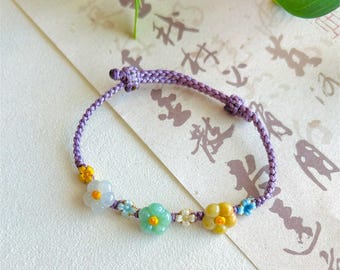 Jadeite Jade Bracelet Jewelry Gift for Her Untreated Burmese Highly Translucent Icy Multicolor Type A Hand-woven Flower Shaped Jade Bead