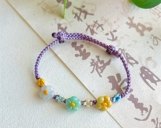 Jadeite Jade Bracelet Jewelry Gift for Her Untreated Burmese Highly Translucent Icy Multicolor Type A Hand-woven Flower Shaped Jade Bead