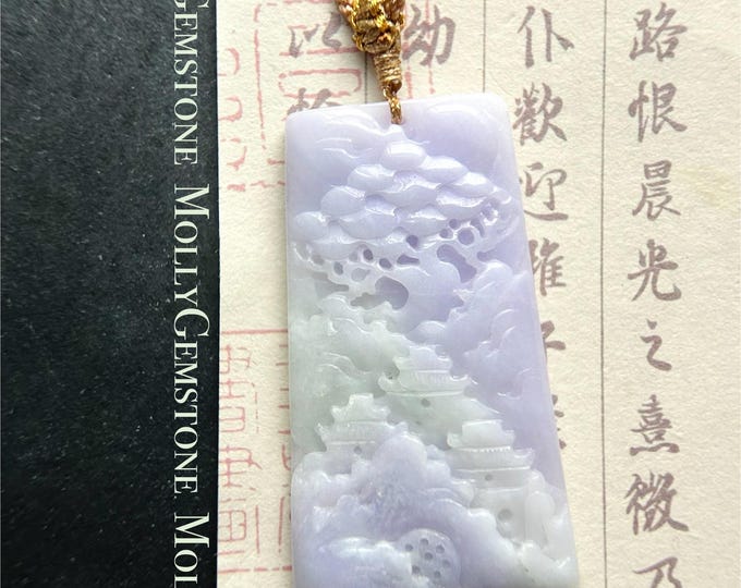 Natural Purple Jadeite Pendant, Burmese Type A Icy Pinkish Lavender Jade Landscape, Feng Shui Prosperity Amulet