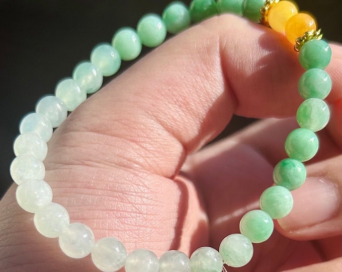 Jadeite Jade Bracelet Jewelry Gift for Her 100% Genuine High Quality Type A Burmese Green and Yellow Jadeite, 5.8mm, Handmade in CANADA Gift